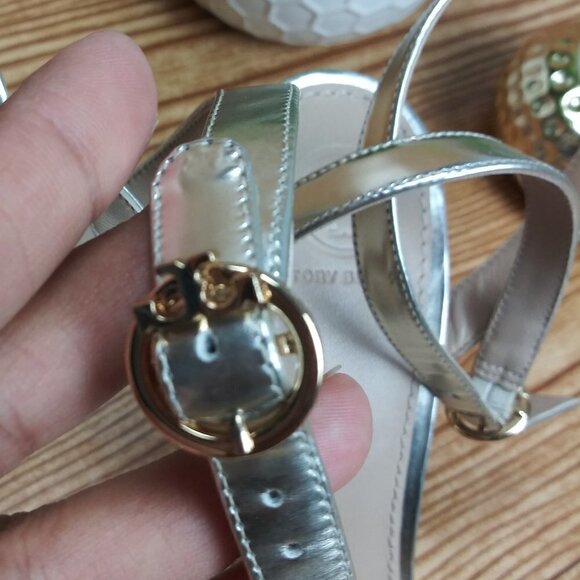 TORY BURCH gold Elizabeth Patent Leather block high heel strappy sandals size 6M - Picture 8 of 10